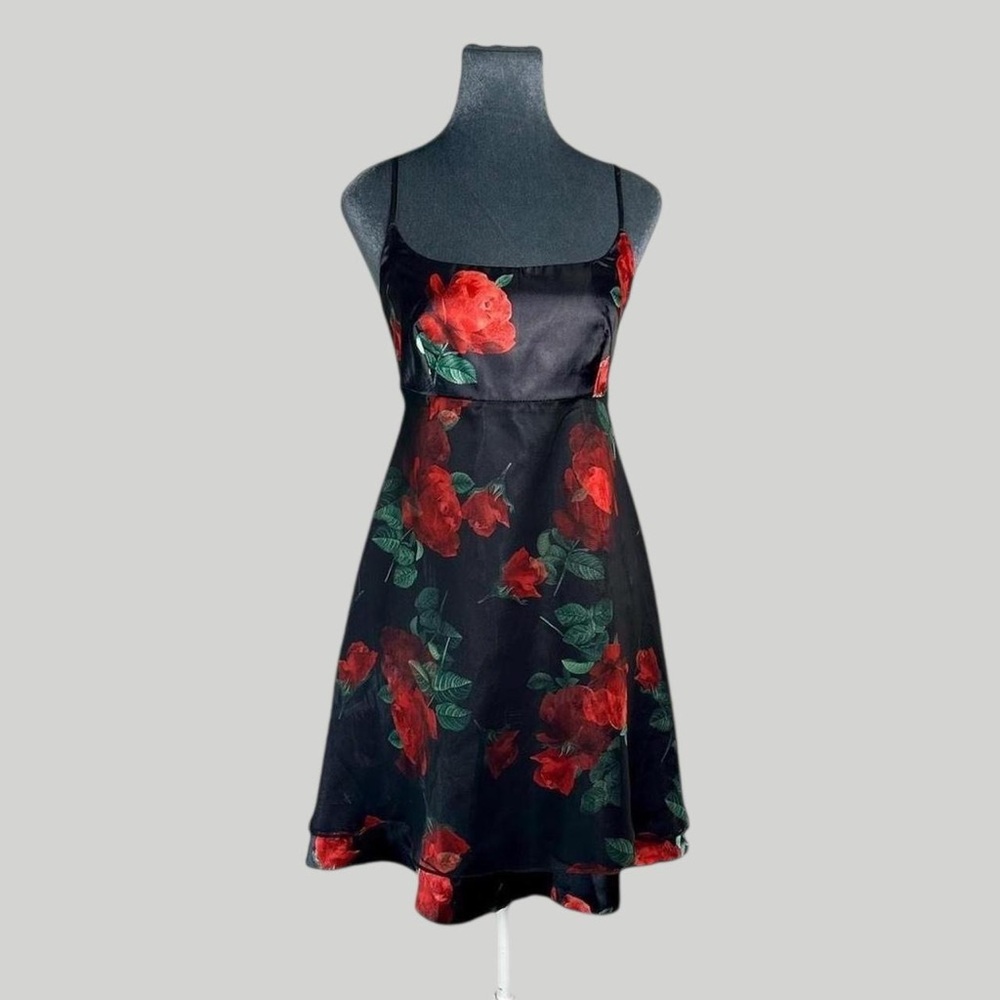 Vintage 90s Y2K empire waist black satin red rose mini babydoll dress A-list 7/8
